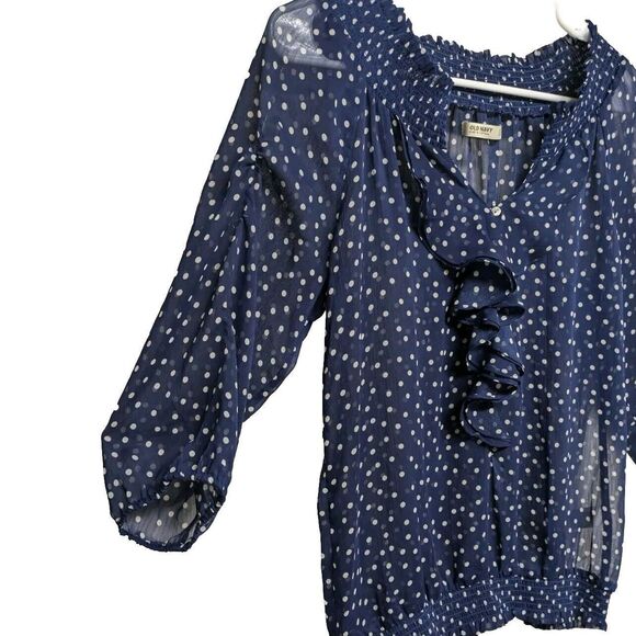 Old Navy Top Women Small Polka Dot Sheer Navy Ruffled Off Shoulder Elastic Neck - Picture 3 of 10